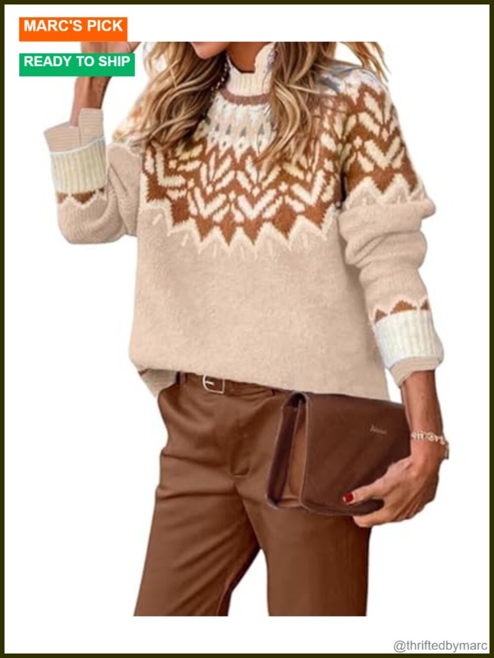 Fair Isle Mock Neck Knit Pullover Sweater, Soft Acrylic Blend, Fall Winter